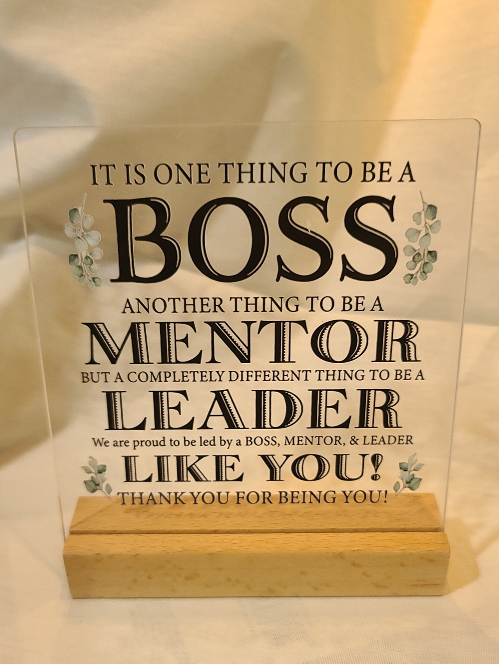 Acrylic 'BOSS' Mentor Leader Desk Sign with Wood Base - Black Text NWT